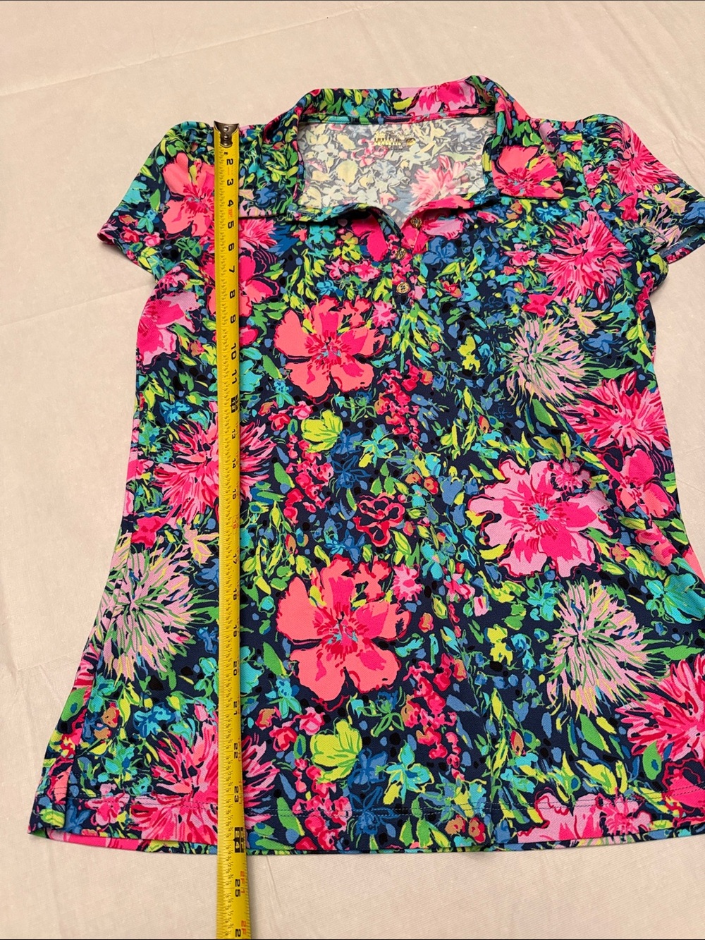 Lilly Pulitzer Luxletic Navy Floral Polo with Pink & Green - Picture 7 of 8